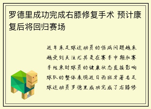 罗德里成功完成右膝修复手术 预计康复后将回归赛场 罗德里成功完成右膝修复手术 预计康复后将回归赛场