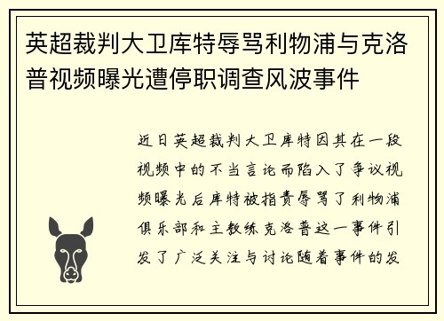 英超裁判大卫库特辱骂利物浦与克洛普视频曝光遭停职调查风波事件 英超裁判大卫库特辱骂利物浦与克洛普视频曝光遭停职调查风波事件