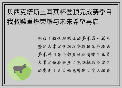 贝西克塔斯土耳其杯登顶完成赛季自我救赎重燃荣耀与未来希望再启